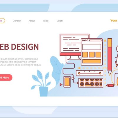 Web design development of interface and concept of site. Designers kit consisting of computer and modern graphic gadgets. Display and instruments. Website or webpage template, landing page vector